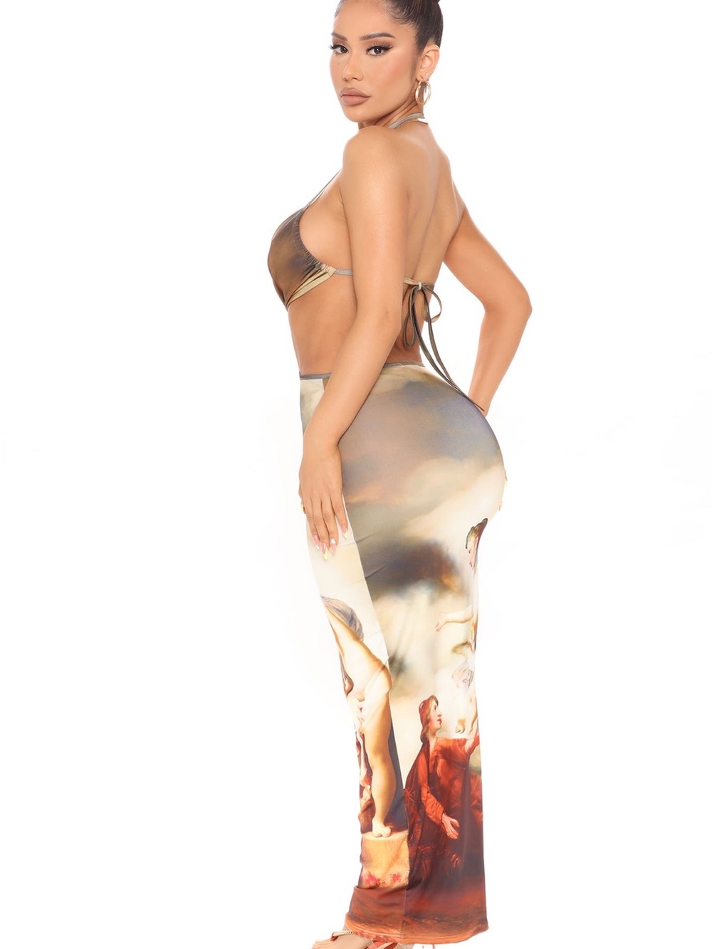 Cutout Halter Maxi Dress with Artistic Print - Taupe Multi - Picture 2 of 4